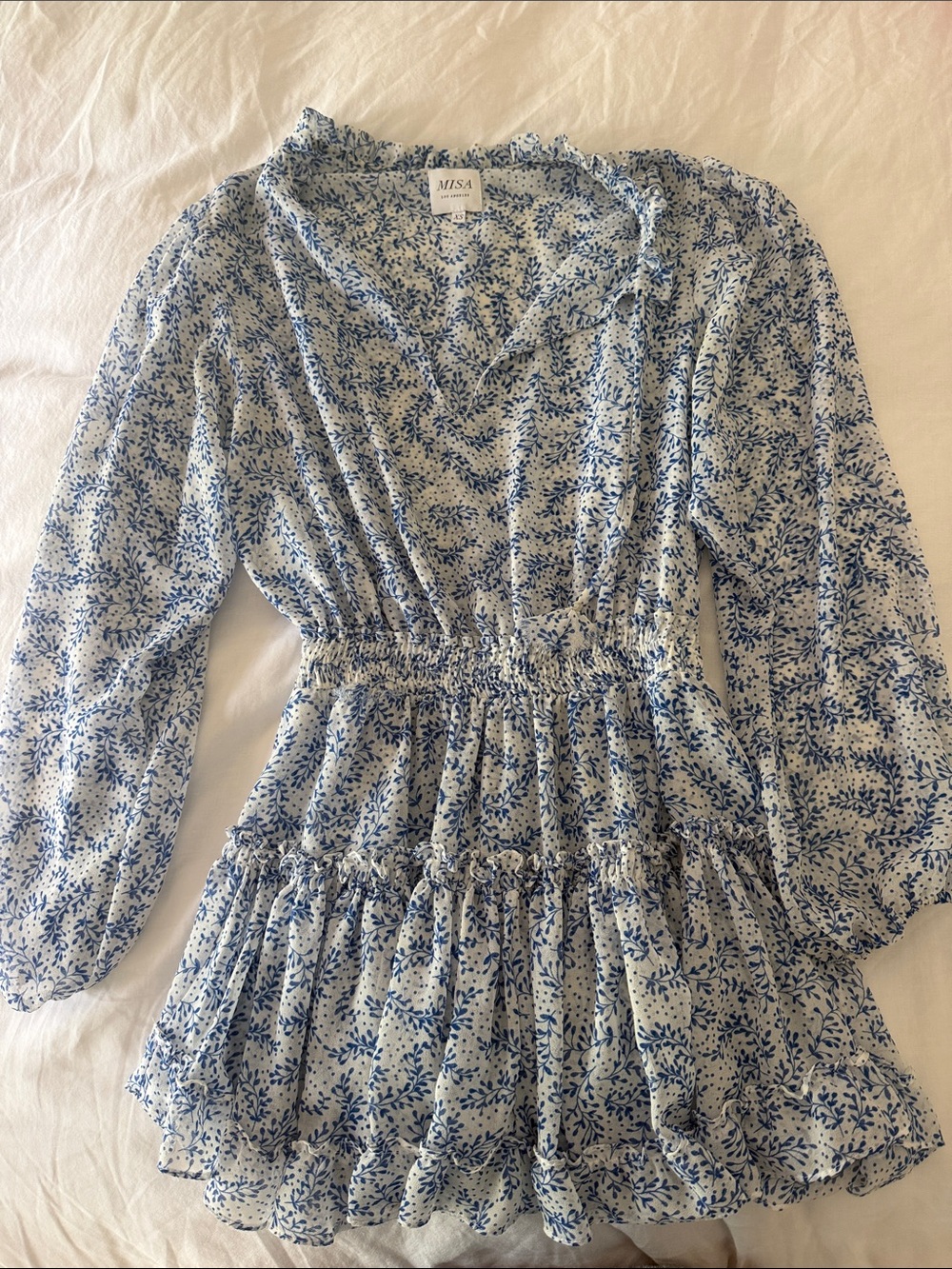 MISA Blue Floral Ruffle Mini Dress